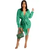 Casual Dresses Women's Spring Gathered Button Tie Dress Solid Color Satin Long Sleeve Short Fashion Sexy Shirt Femme Blouse Top