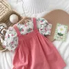 Girl's Dresses Sweet Girls Floral Dress 2-PCS Kids Puff Sleeve Floral Top Strap Dress Children Cute Dress Suit For 1-6 Years Old T230106