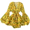 Sukienki swobodne kobiety 2023 Summer Korean V-Neck kwiatowy nadruk szyfonowy Długa latarnia rękaw Bohemian ubrania vestidos e131