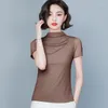 T-Shirts für Damen TingYiLi Frauen Mock Neck Plissee T-Shirt Sommer Kurzarm Mesh Top Koreanische Elegante Damen Schwarz Lila Khaki Tops 3XL