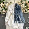 Women's Blouses & Shirts FTLZZ Spring Autumn Women Fashion Striped Patchwork Single Breasted Denim Jacket Casual Long Sleeve Lace-up Tops Co