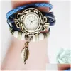 Montres pour enfants Bracelets à quartz rétro Feuille Pendentif Pu Bracelet en cuir Robe Bracelet Vintage Weave Wrap Montre-bracelet Femmes Filles Dhtft