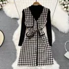 Stehkragen Solide Damen Zweiteilige Hosenkleider Farbe Langarm Strickoberteil Anzug V-Ausschnitt Plaid Einreiher Gürtel Weste Kleid Outfits Set Damen 2 Stück 2023