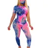 Survêtements pour femmes Femmes d'été avec masque Deux pièces Ensemble Tie Dye Tshirt Push Up Pantalons longs Sports Joggers Costume Skinny Tenues