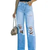سراويل جينز للسيدات الأزياء الأزرق ثقب مستقيم على عريض الساق y2k جوفاء السراويل البضائع