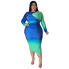Plus Size Dresses Women's Clothes Bodycon Strech Full Sleeve Round Neck Positioning Print Panel Gradual Change Maxi Dress
