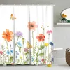 Shower Curtains Floral Curtain Flowers Butterfly Colorful Wildflower Botanical Bathroom Watercolor Green Leaf Plant Decor Set