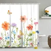 Rideaux de douche Floral rideau fleurs papillon coloré fleurs sauvages botanique salle de bain aquarelle vert feuille plante décor ensemble