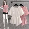 Women's T Shirts Plus Size 4XL Women Tees Tops Pink White 2023 Summer Fashion Patchwork Short Sleeve T-shirt Waist Banding Korean Chic