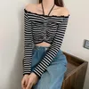 Women's T Shirts Spring Drawstring White Cropped Tops Women Fashion Sexy Fitness One Shoulder Long Sleeve Tees Female 2023 Summer