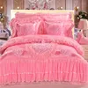 Bedding Sets Korean Style Princess Wedding Set Luxury Pink Heart Lace Jacquard Satin Duvet Cover Bedspread Bed Sheet Pillowcases