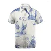 Casual shirts voor heren 2023 Blue Small Bladeren 3D Print aangepaste man Turn-down kraag vintage