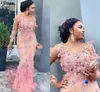 Pink Luxury Furs 3D Flowers Prom Dresses Arabic Aso Ebi Sheer Neck Long Sleeves Special Occasion Evening Gowns Lace Appliqued Mermaid Formal Party Dress CL1657