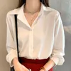 البلوزات النسائية النساء قمم الربيع أزياء ol قميص رسمي أبيض طويل الأكمام الزر لأعلى لسيدات مكتب مكتب الأنيقة القمة الكورية الأساسية