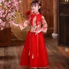 Ethnic Clothing Girls' Autumn Winter Tang Costume Red Year's Dress Long Sleeves Cheongsam Performance Wedding Flower Children