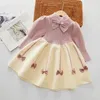 Spring Autumn New Girls' Sweater Dress Children'S Clothing Knitted Dress Bubble Sleeve Bowknot Sweet Dresses