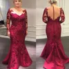 2023 Zarif Gelin Annesi Elbiseleri Koyu Kırmızı Deniz Kızı Mücevher Boyun İllüzyon Uzun Kollu Dantel Aplikler Kristal Boncuklar Parti Akşam Düğün Konuk Elbiseleri