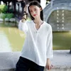 Dames blouses katoenen linnen vrouwen grote sze shirts m-7xl 8xl plus size dame v-neck massieve blouse lange mouwen knoppen herfst 12 kleur