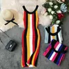 Casual jurken 2023 Stripe gebreide bodycon jurk vrouwen lente zomer ronde nek sexy slanke mouwloze spaghetti strap strand midi feest d167