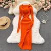 Casual Dresses Women Korean Fashion KV Neck Elastic Robe 2023 Autumn Sexy Nitted Dress Long Sleeve Bodycon Split Sweater Slim Pencil