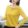 Dames t shirts 4xl dames lente herfst stijl kant elegante o-neck borduurwerk vaste kleur lange mouw casual tops gele ropa