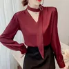 Women's Blouses Blusas Mujer de Moda 2023 Verano Elegantes White Long Sleeve Chiffon Vetement Femme V-Neck Wine Red Beading Tops