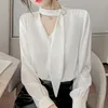 Camicette da donna Blusas Mujer De Moda 2023 Verano Elegantes Bianco manica lunga in chiffon Vetement Femme scollo a V vino rosso perline Top