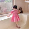 Mädchenkleider Mädchen Kleid 2023 Sommer Mode süße rosa Big Saum Kurzarm, geeignet für 2-6 Jahre alt