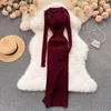 Casual Dresses Women Korean Fashion KV Neck Elastic Robe 2023 Autumn Sexy Nitted Dress Long Sleeve Bodycon Split Sweater Slim Pencil