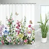 シャワーカーテン花柄のカーテン花バタフライカラフルなワイルドフラワー植物浴室水彩緑の葉の植物装飾セット