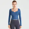 Actieve shirts vrouwen elastisch strakke yoga shirt laag gesneden nek lange mouw sport gym training top vrouw roze geel blauw