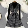 Stehkragen Solide Damen Zweiteilige Hosenkleider Farbe Langarm Strickoberteil Anzug V-Ausschnitt Plaid Einreiher Gürtel Weste Kleid Outfits Set Damen 2 Stück 2023