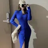 Vestidos casuais suéter de malha de manga longa mulher slim bodycon coreano elegante outono botão de inverno v pescoço midi woman vestido t141