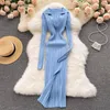 Casual Dresses Women Korean Fashion KV Neck Elastic Robe 2023 Autumn Sexy Nitted Dress Long Sleeve Bodycon Split Sweater Slim Pencil