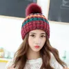 Wide Brim Hats The Winter 2023 Thick Color Stripe Three-wool Ball Knitted Cap Fashion Versatile Warm Wool Hat For Girls Gift