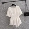 Women's T Shirts Plus Size 4XL Women Tees Tops Pink White 2023 Summer Fashion Patchwork Short Sleeve T-shirt Waist Banding Korean Chic