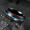 Fedi nuziali Fashion 8mm Hawaiian Koa Wood Titanium Steel For Men Women With Blue Fire Opal Ring Band Jewelry Drop