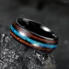 Anneaux de mariage Mode 8mm Hawaïen Koa Bois Titane Acier Pour Hommes Femmes Avec Bleu Opale De Feu Bague Bande Bijoux Goutte