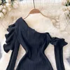 Diagonal Collar Off-shoulder Casual Dresses Vestidos Mujer 2023 New Flare Sleeve Slim Waist Knitted Robe Ruffles Hen Dress Women