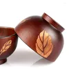 Bowls 2Pcs Wooden Rice Soup Bowl Container Leaf Flower Pattern Jujube Wood Dining For Kids Utensils Tableware