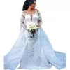 Gorgeous African White Lace Mermaid Wedding Dress Long Sleeves Scoop Neck Bridal Gowns Detachable Train Church Bride Wedding Dresses Plus Size Robe De 2023