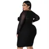 Plus Size Dresses Women's Fashion Hollow Irregular Splicing Mesh Gauze Long Sleeve Dress Elegant Casual Lady Solid Color