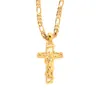 Hänge Halsband K Solid Fine Yellow Gold GF Mens Jesus Crucifix Cross Ram 3mm Italiensk Figaro Link Chain Halsband 60cmHänge