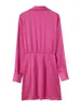 Повседневные платья женщина сладкая розовая красная атласная рубашка короткое платье женское шикарное сплошное плиссированное высокое талию 2023 Элегантное асимметричное