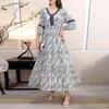 Casual Dresses Women's Elegant Robe Bohemian Cotton Silk Floral Dress V-Neck Beach Ruffle tryckt Hög midja Retro