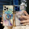 Square Box Clear Electricating Marble Flower Cases Soft TPU Trunk Laser Metal Decoration Corner med konsolring Stand för iPhone 14 13 12 11 Pro XR XS Max X 8 7 6 Plus