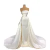 2023 Vintage A Line Wedding Dresses Satin Lace Appliques One Shoulder Crystal Beads Mermaid Sheath Bridal Gowns Detachable Train Overskirts Plus Size