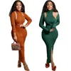 Casual Dresses Sunny Knitted Ribe 2 Pcs Dress Women Turtlenck Vest Crop Top Deep V Neck Long Sleeve Stretchy Bodycon Maxi Suit