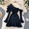 Diagonal Collar Off-shoulder Casual Dresses Vestidos Mujer 2023 New Flare Sleeve Slim Waist Knitted Robe Ruffles Hen Dress Women