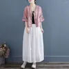 Etnisk kläder Kina stil broderad knapp bomullslinne skjorta kvinnors topp 2023 sommarkläder förlorar kort v-hals kinesisk blus